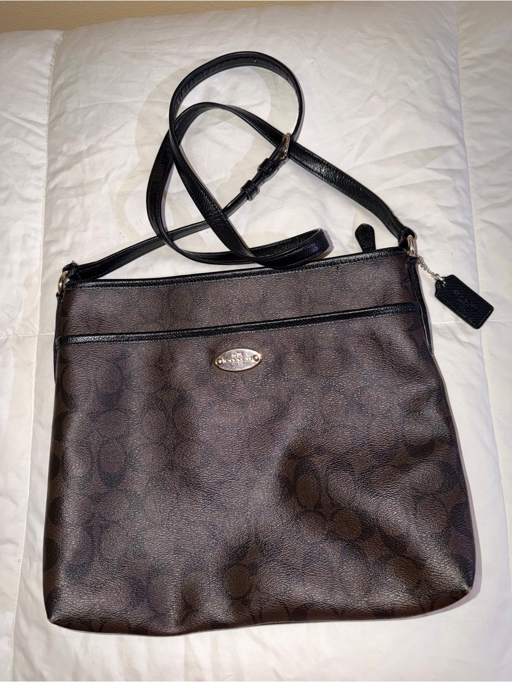 Coach Dark Brown Signature Crossbody Bag with Black Strap